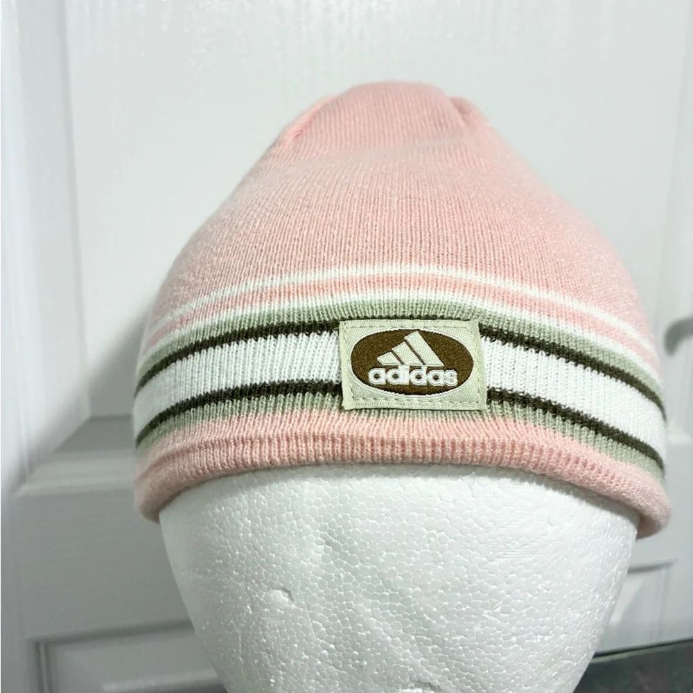 Y2K Adidas Reversible ClimaWarm Beanie Pink Brown White Stripes